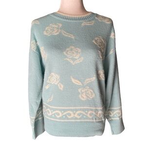 Vintage Floral Grandma Blue & Cream Cottage Core Sweater Size Small